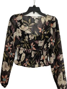 Nine Britton Black Floral Smocked-Waist Long Sleeve Blouse